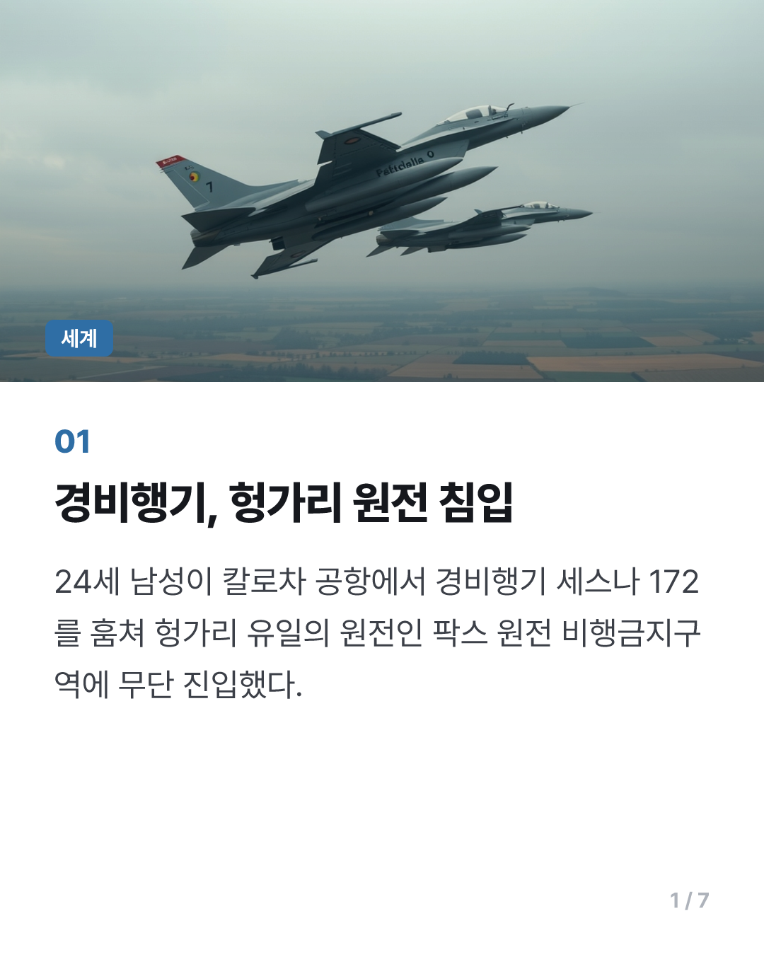 헝가리서 경비행기 훔쳐 원전 접근하다 전투기에 저지돼