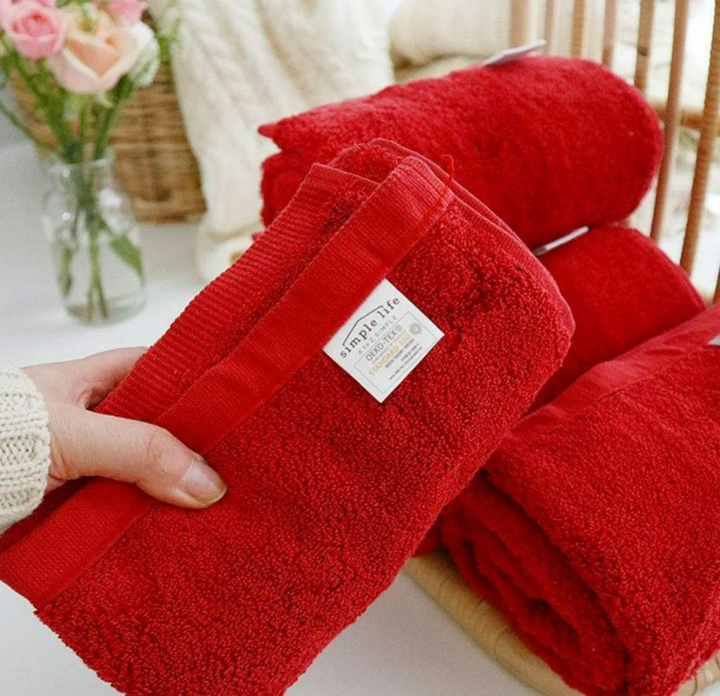 심플라이프 코마사40수 심플타월 - 레드, 흡수력 30% 향상, 85cm 호텔급 수건